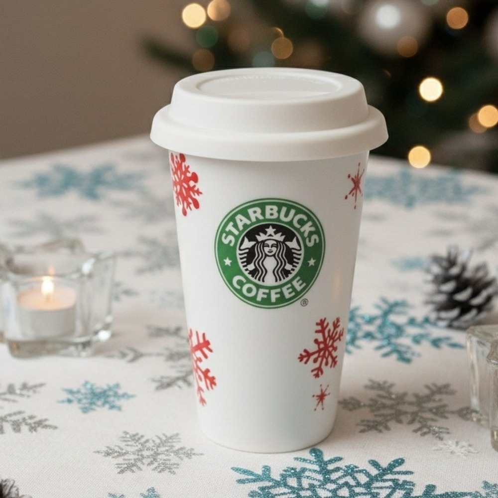 2010 Starbucks‎ Coffee Travel Mug Ceramic Christmas Red Snowflakes with Lid
